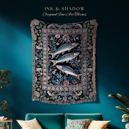 Ornate Coastal Fish Woven Tapestry | Jacquard Throw Blanket Folk Botanical Sardine Design Vintage-Inspired Nautical Decor Eclectic Accent |