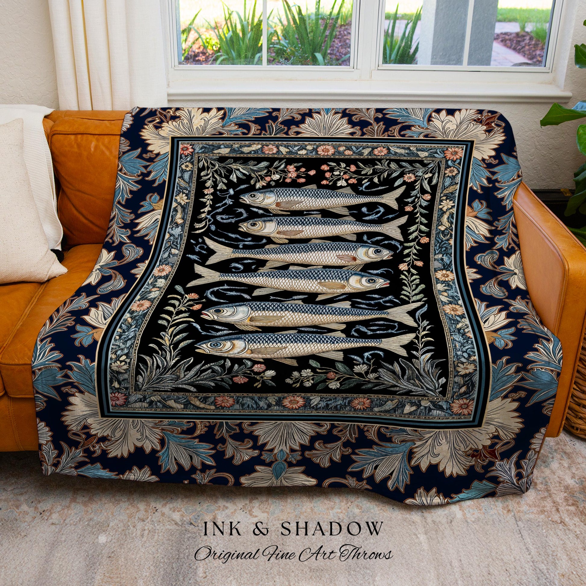 Dreamy Ocean Theme Tapestry Blanket | Sardine Theme Fish Design Nautical Cottagecore Sea Art Print Folk Coastal Wall Decor Maritime Magic |