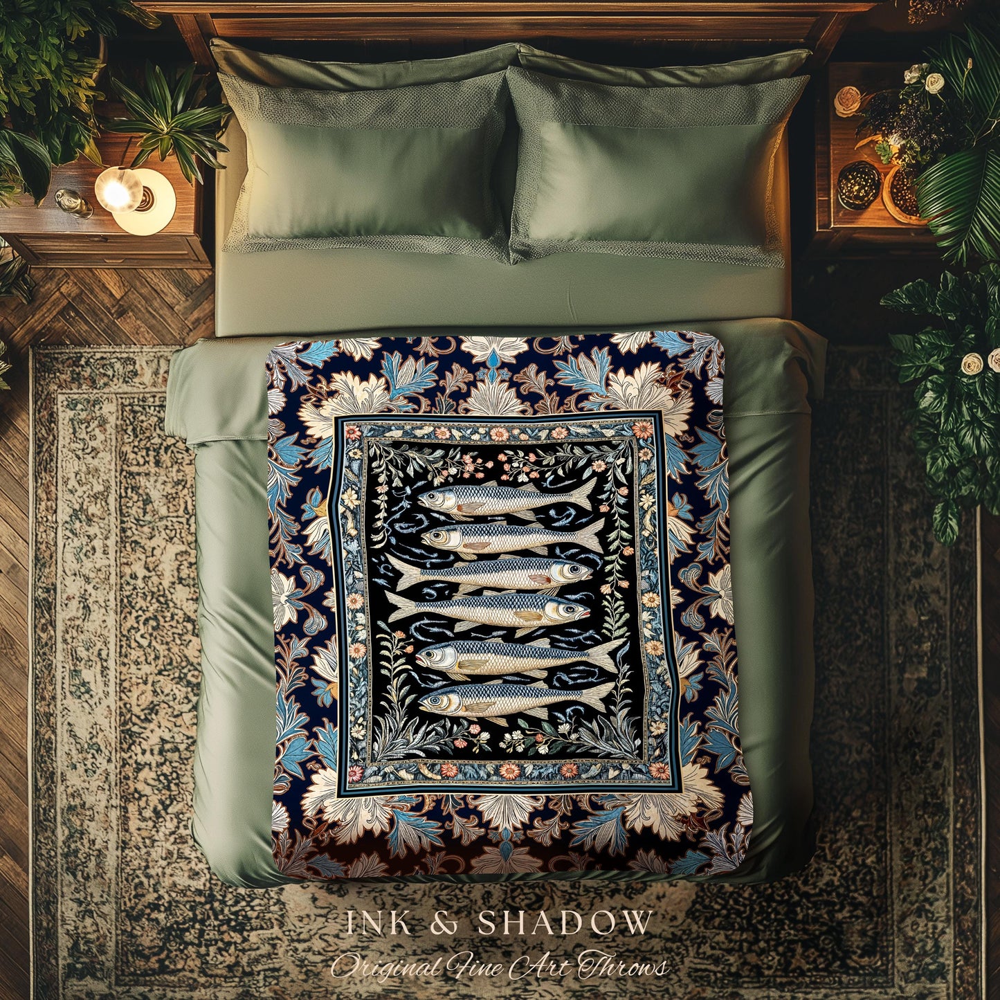 Dreamy Ocean Theme Tapestry Blanket | Sardine Theme Fish Design Nautical Cottagecore Sea Art Print Folk Coastal Wall Decor Maritime Magic |