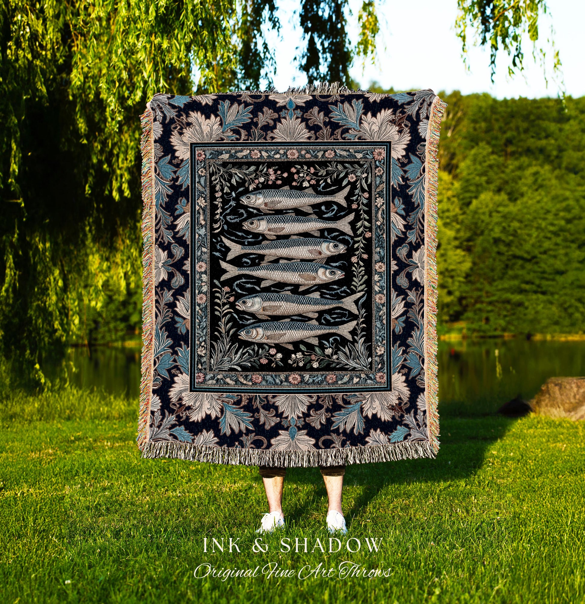 Dreamy Ocean Theme Tapestry Blanket | Sardine Theme Fish Design Nautical Cottagecore Sea Art Print Folk Coastal Wall Decor Maritime Magic |