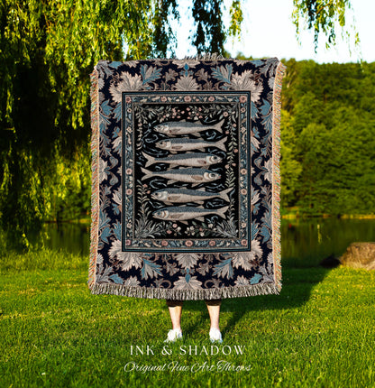 Dreamy Ocean Theme Tapestry Blanket | Sardine Theme Fish Design Nautical Cottagecore Sea Art Print Folk Coastal Wall Decor Maritime Magic |