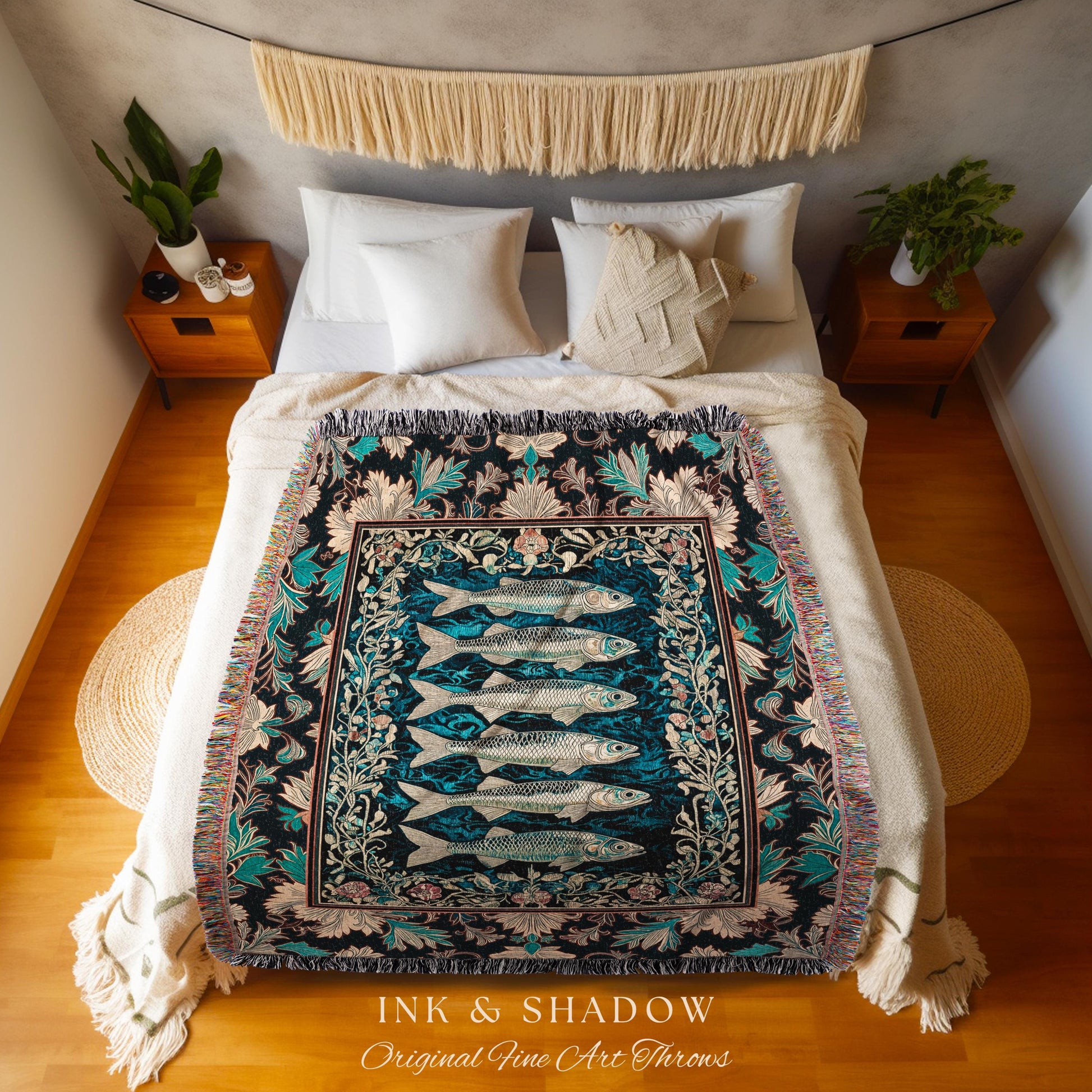 Nautical Folk Art Sardine Throw Blanket | Nautical Folk Art-Inspired Tapestry Jacquard Woven Marine Scene Coastal Botanical Wall Accent Boho