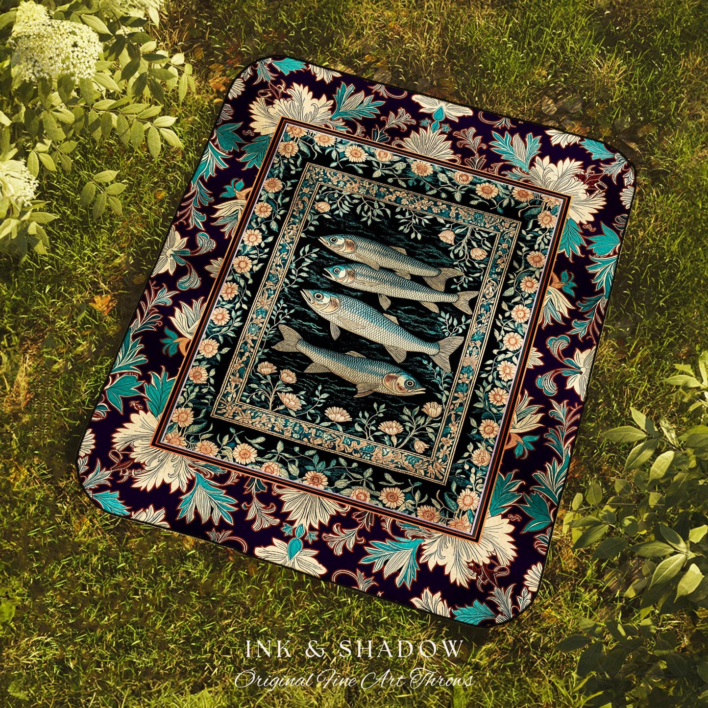 Marine Folklore Ornate Tapestry Blanket | Sardine Nautical Woven Wall Art Underwater Story Coastal Aesthetic Fish Trendy Ocean Decor Beachy