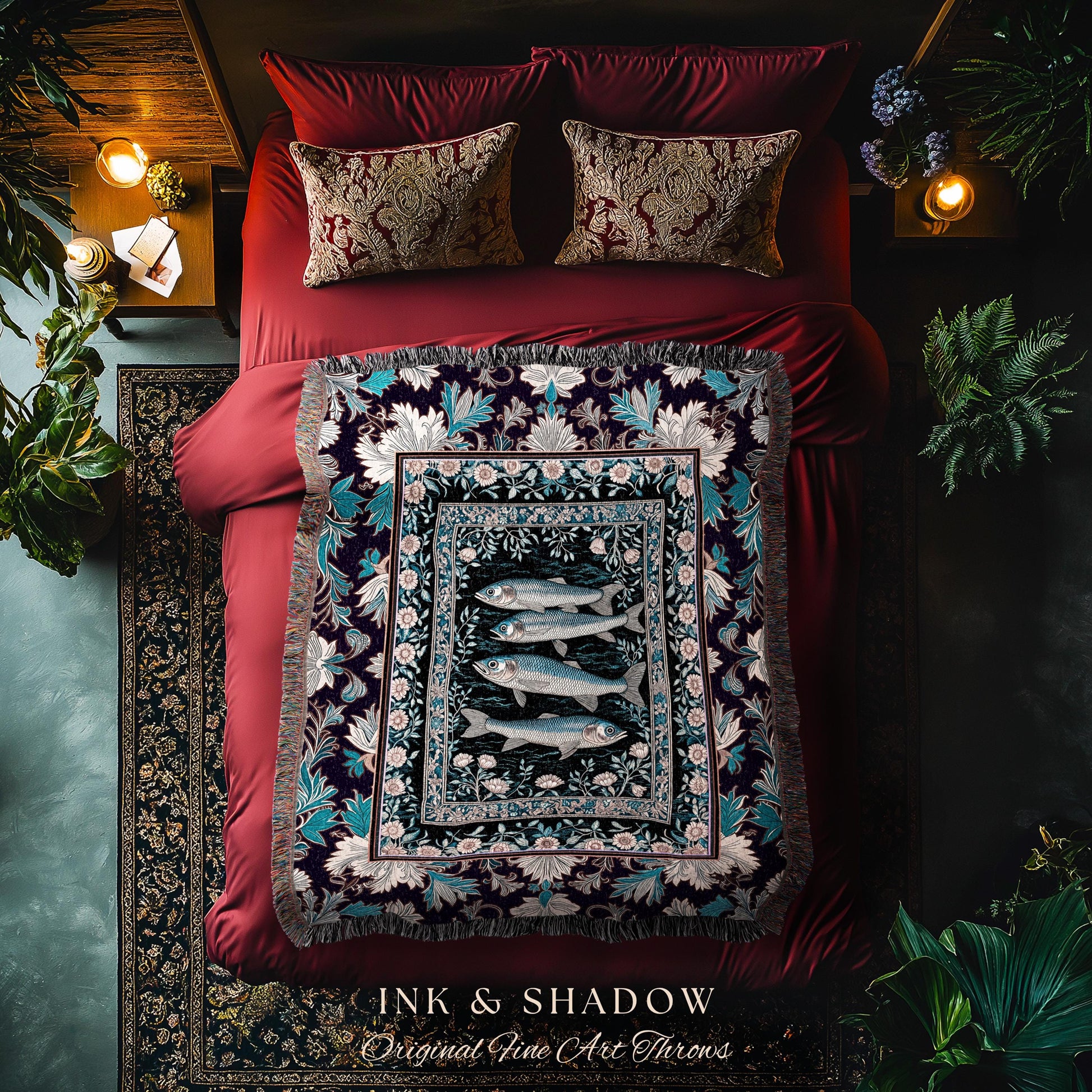 Marine Folklore Ornate Tapestry Blanket | Sardine Nautical Woven Wall Art Underwater Story Coastal Aesthetic Fish Trendy Ocean Decor Beachy