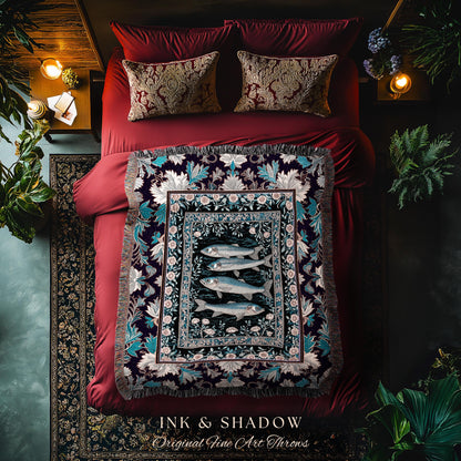 Marine Folklore Ornate Tapestry Blanket | Sardine Nautical Woven Wall Art Underwater Story Coastal Aesthetic Fish Trendy Ocean Decor Beachy