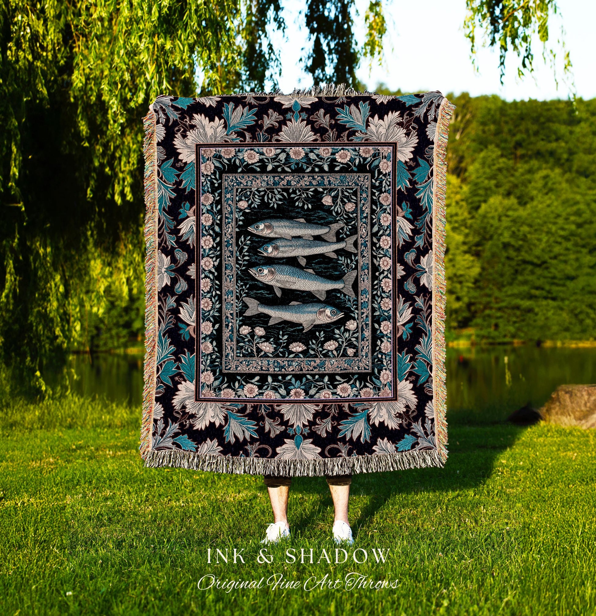 Marine Folklore Ornate Tapestry Blanket | Sardine Nautical Woven Wall Art Underwater Story Coastal Aesthetic Fish Trendy Ocean Decor Beachy