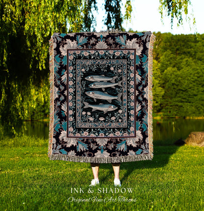 Marine Folklore Ornate Tapestry Blanket | Sardine Nautical Woven Wall Art Underwater Story Coastal Aesthetic Fish Trendy Ocean Decor Beachy