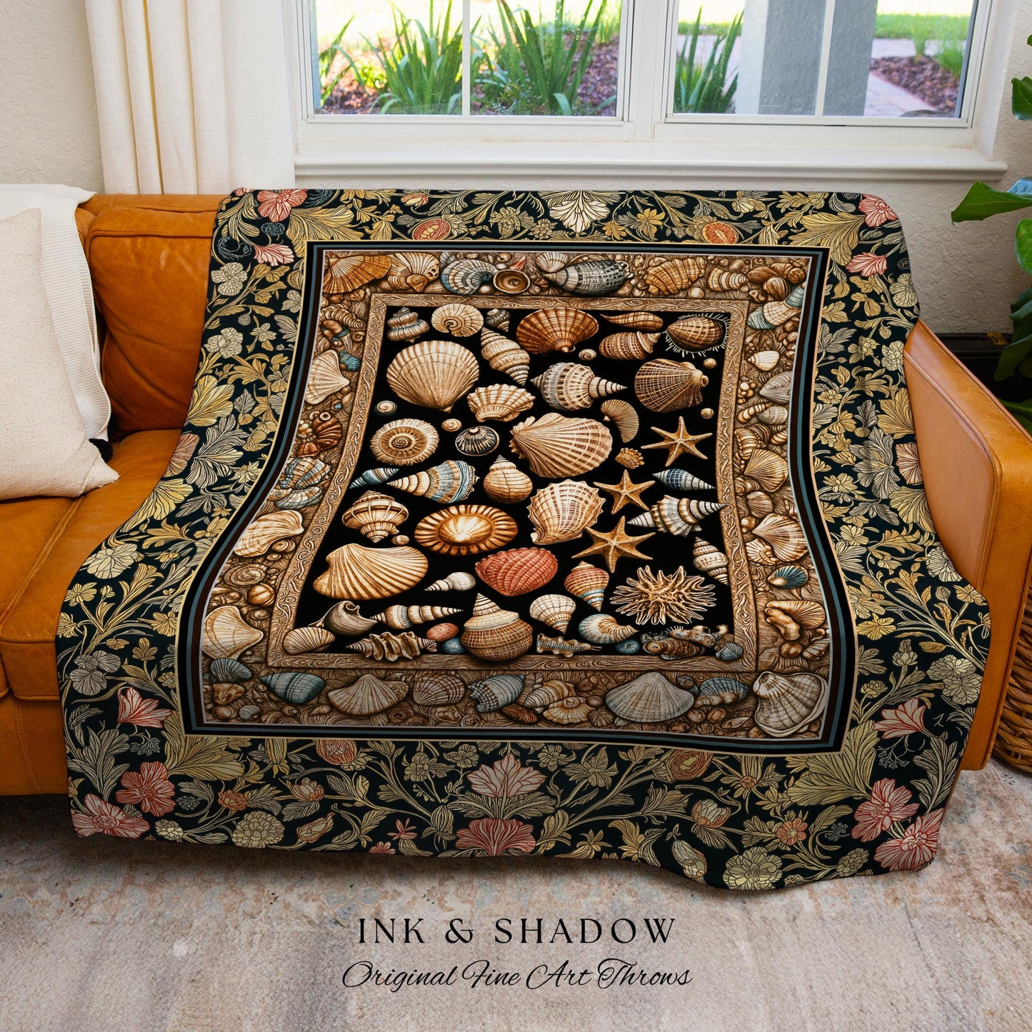 Rustic Seaside Shell Art Cozy Blanket | Oceanic Nature Tapestry Coastal Illustration Marine Life Woven Decor Nautical Maximalist Beach Style
