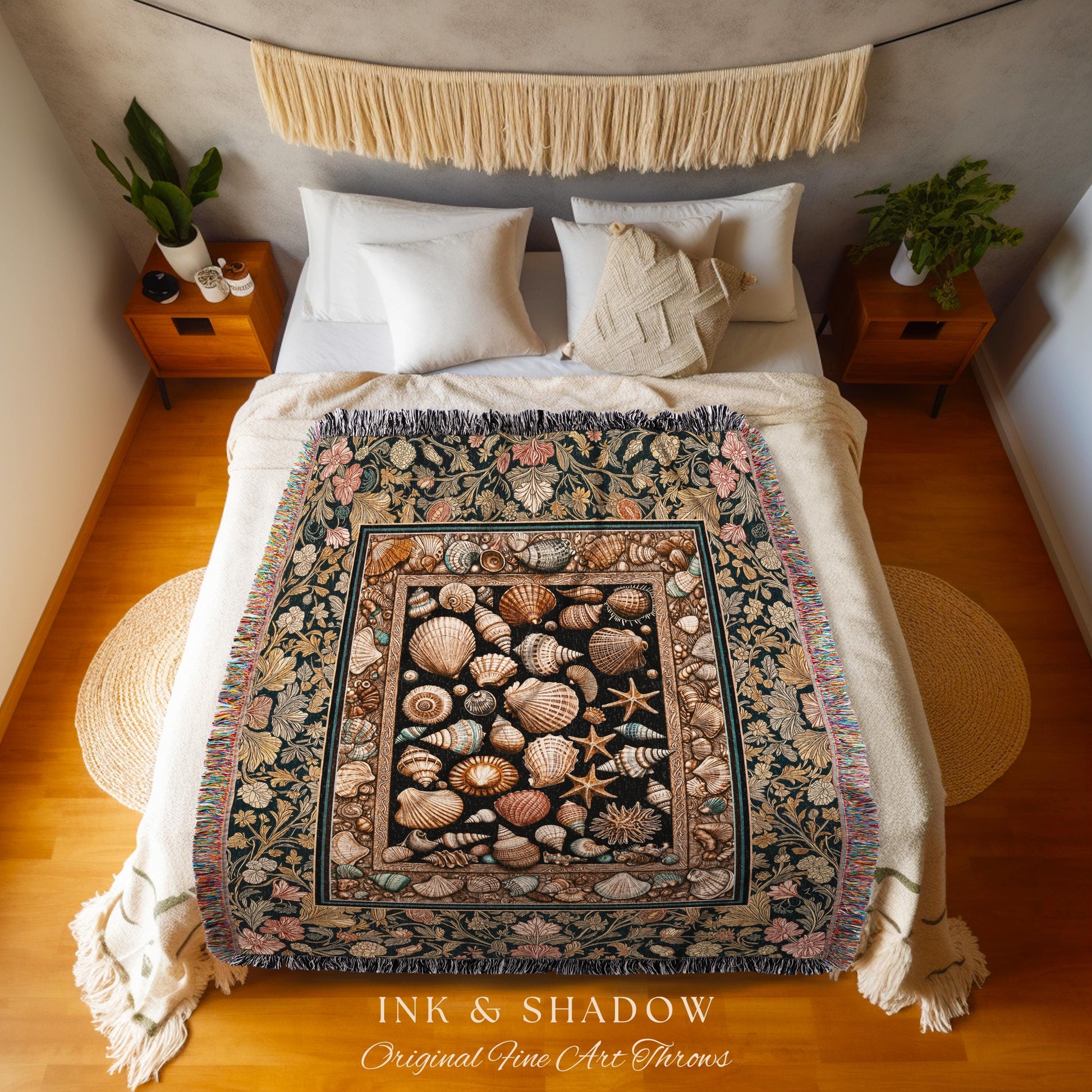 Rustic Seaside Shell Art Cozy Blanket | Oceanic Nature Tapestry Coastal Illustration Marine Life Woven Decor Nautical Maximalist Beach Style