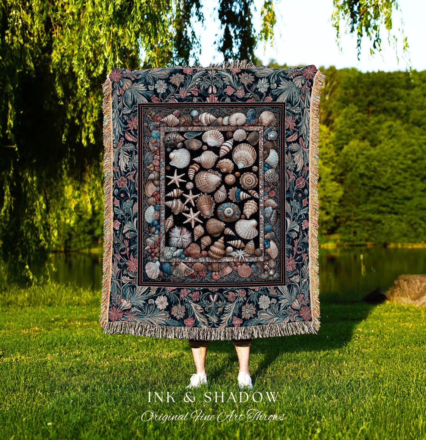 Coastal Curiosities Eclectic Woven Tapestry | Maximalist Ocean Art Seashell Mermaidcore Nautical Coquette Starfish Marine Aesthetic Throw |