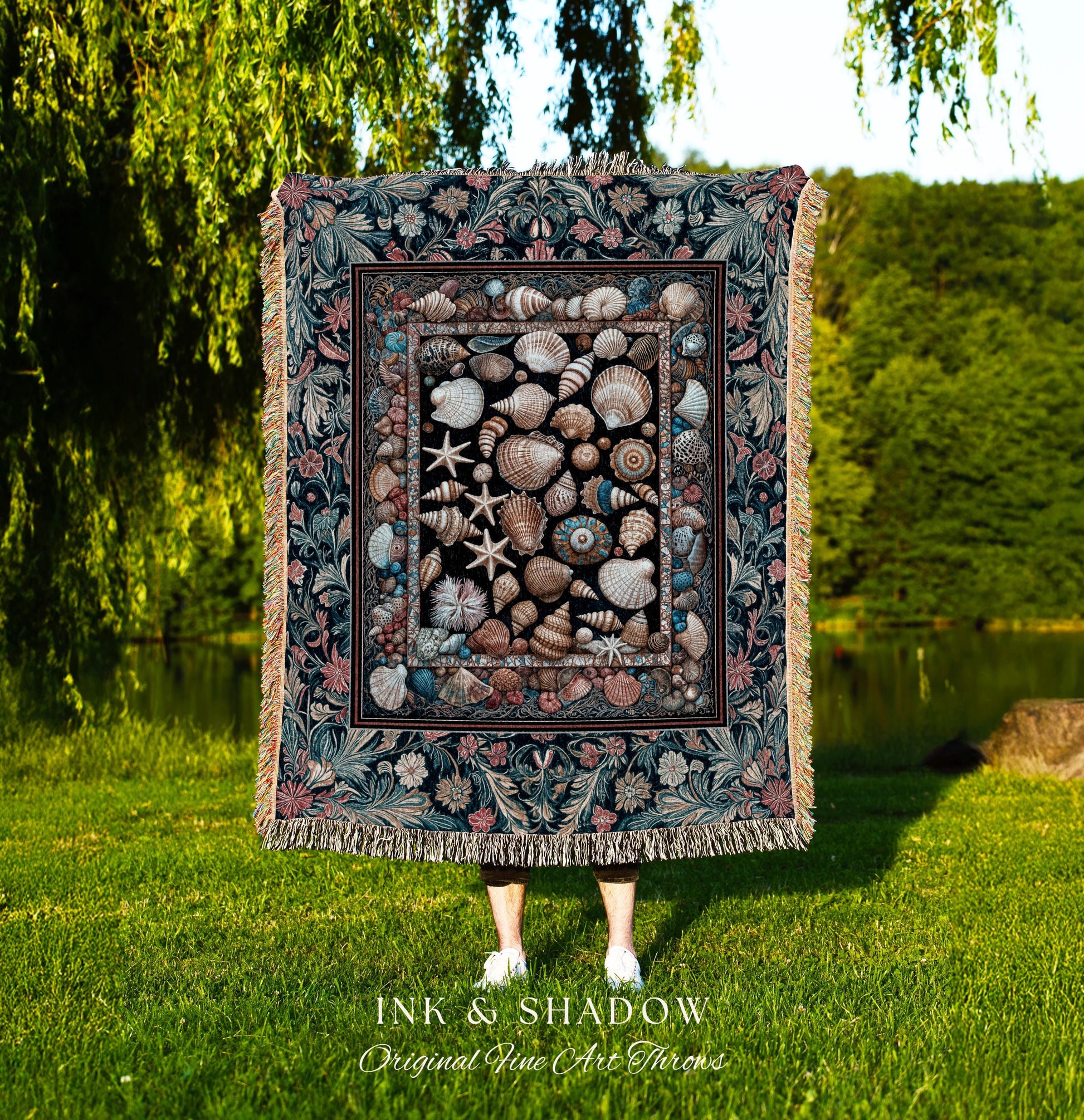Coastal Curiosities Eclectic Woven Tapestry | Maximalist Ocean Art Seashell Mermaidcore Nautical Coquette Starfish Marine Aesthetic Throw |