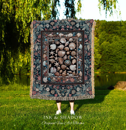 Coastal Curiosities Eclectic Woven Tapestry | Maximalist Ocean Art Seashell Mermaidcore Nautical Coquette Starfish Marine Aesthetic Throw |