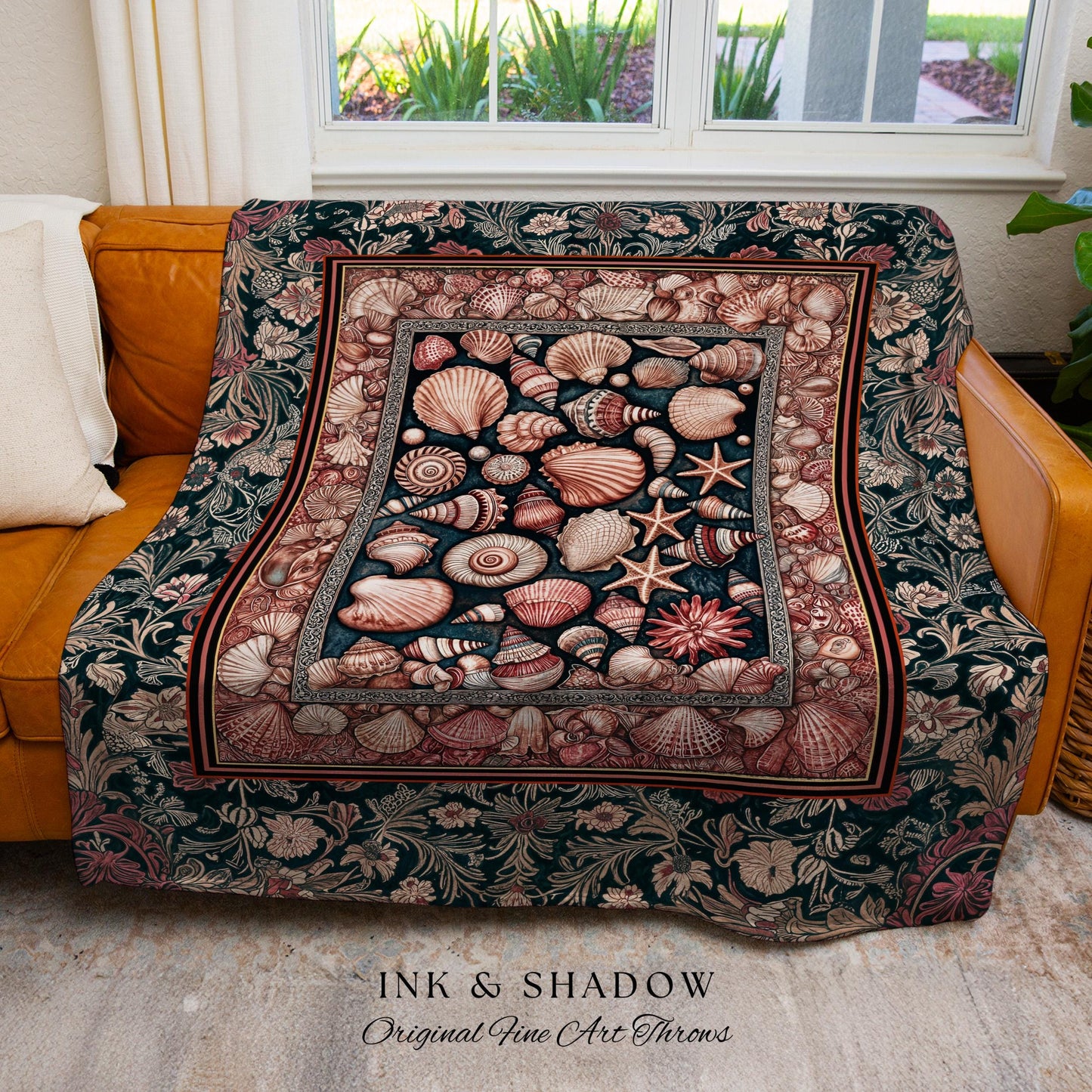Ornate Sea Life Woven Blanket | Victorian Ocean Design Classic Nautical Shell Illustration Coastal Decor Mermaidcore Beach House Tapestry