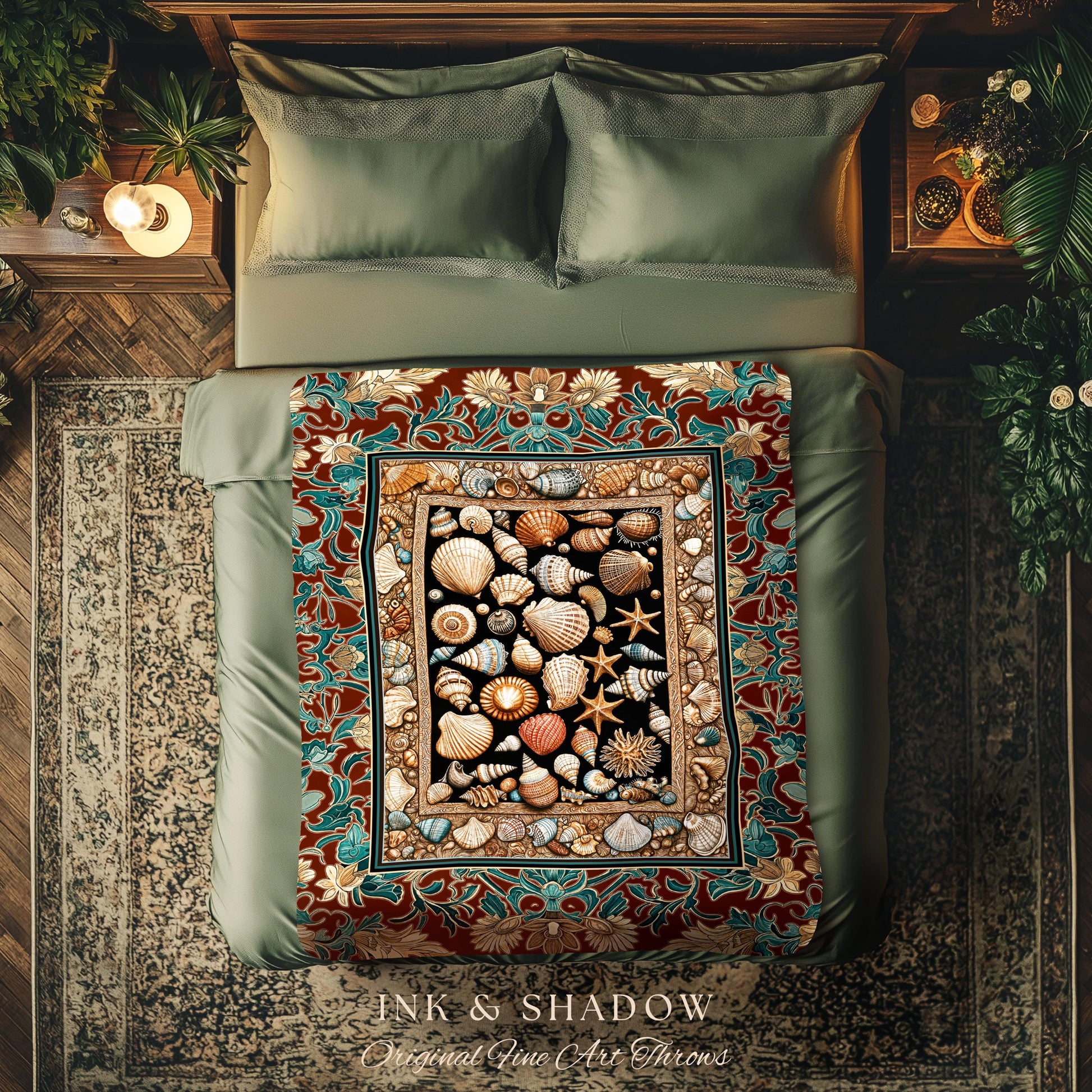 Maximalist Coastal Seashell Tapestry | Ocean Aesthetic Woven Throw Blanket Starfish Sea Life Decor Nautical Beach House Vintage Cottagecore