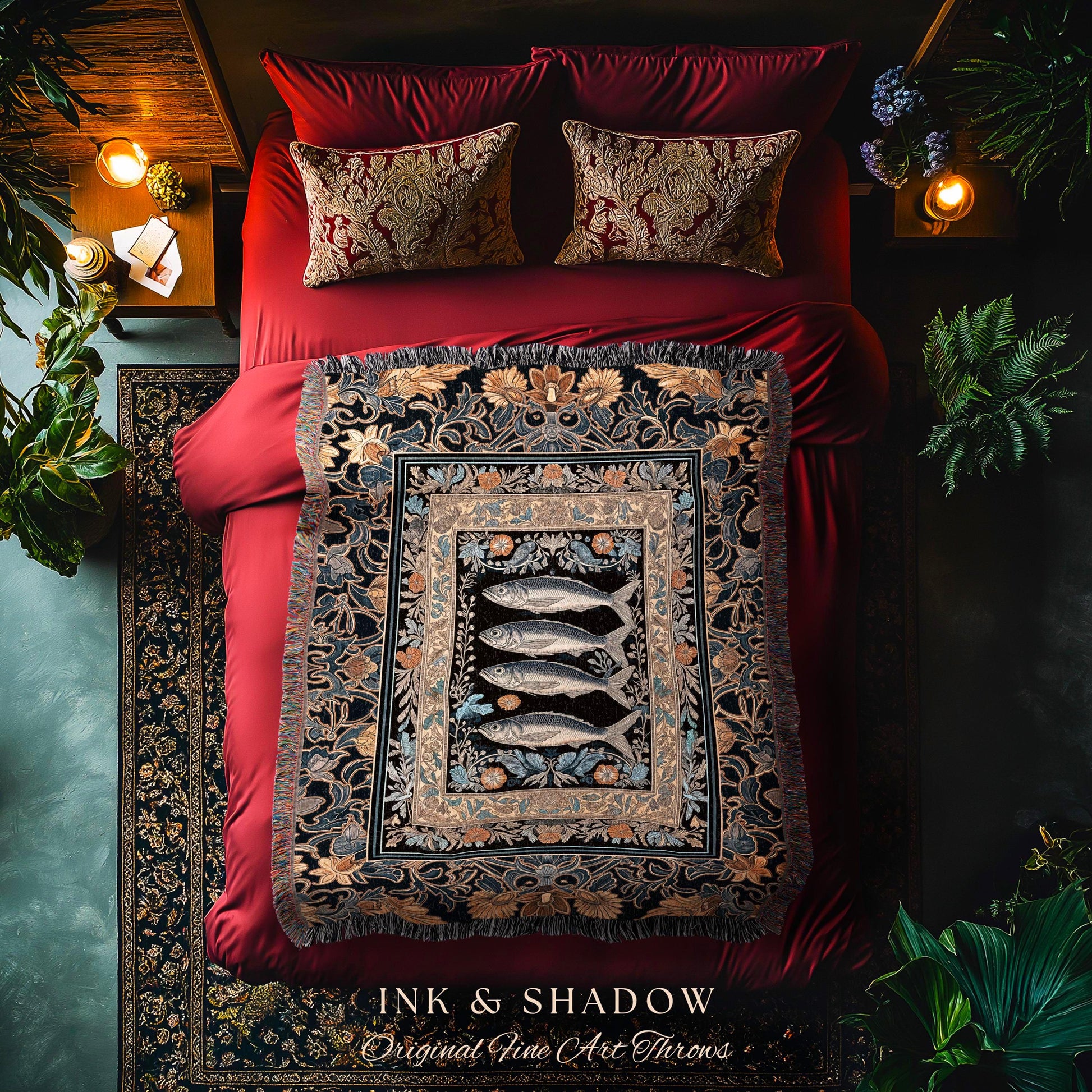 Art Nouveau Nautical Sea Life Tapestry Whimsical Ocean Sardine Fish Blanket, Coastal Dark Academia Rustic Cottagecore Throw Beach Home Decor