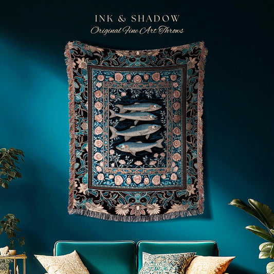 Marine Life Nautical Tapestry Throw Mystic Gothic Fish Art Beach Cottage Decor | Coastal Ocean Rustic Academia Dark Sea Life Woven Blanket