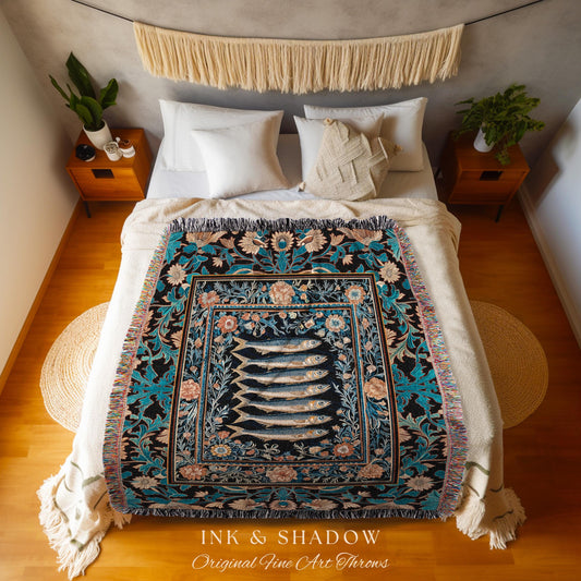 Fairycore Coastal Fish Art Sardine Sea Blanket Nordic Nautical Beach Decor | Boho Marine Floral Cottagecore Ocean Underwater Tapestry Throw