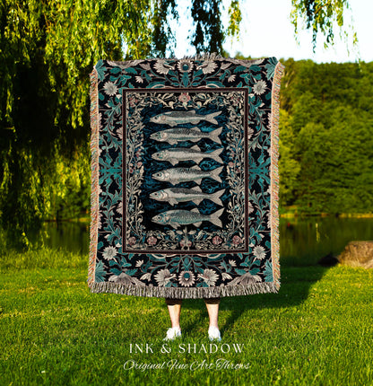 Bohemian Whimsy Sardine Blanket Coastal Ocean Academia Decor, Fairy Grunge Cottagecore Sealife Marine Rustic Fish Beach House Tapestry Throw