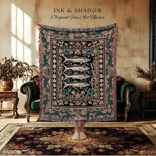 Rustic Nautical Eclectic Tapestry Blanket | Sardine Art Throw Marine Life Decor Coastal Wall Accent Ocean Scene Jacquard Woven Cottagecore