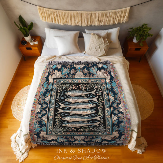 Dreamy Ocean Theme Tapestry Blanket | Sardine Theme Fish Design Nautical Cottagecore Sea Art Print Folk Coastal Wall Decor Maritime Magic |