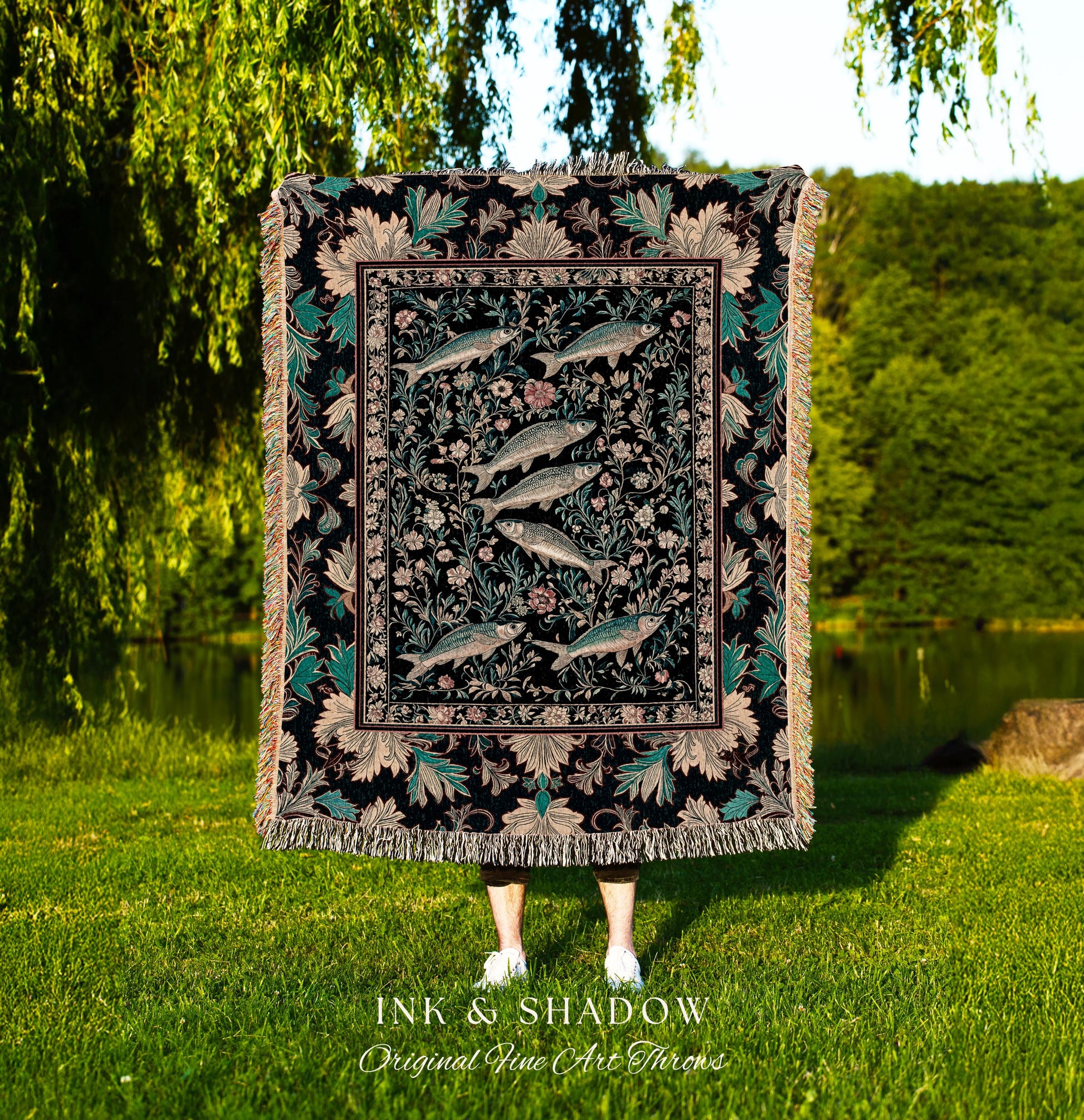 Ocean Gothic Baroque Tapestry Blanket | Vintage Coastal Bohemian Sardine Marine Magic Whimsical Sea Folk Art Nautical Accent Beach House