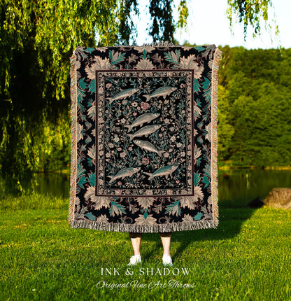 Ocean Gothic Baroque Tapestry Blanket | Vintage Coastal Bohemian Sardine Marine Magic Whimsical Sea Folk Art Nautical Accent Beach House