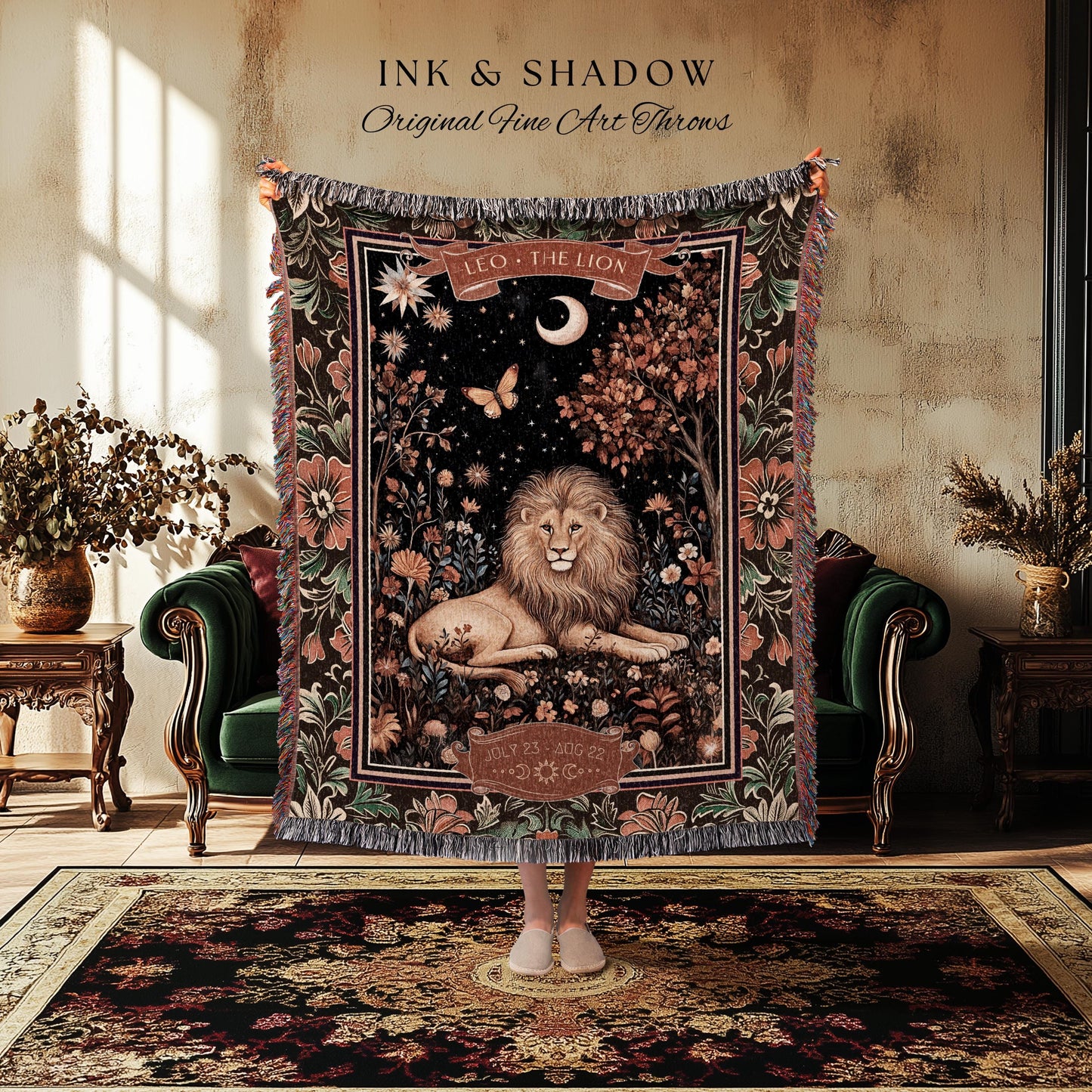 Dark Floral Celestial Leo Zodiac Sign Tapestry Throw Mystic Woodland Astrology Gift | Regal Vintage Victorian Lion Art Birth Month Blanket