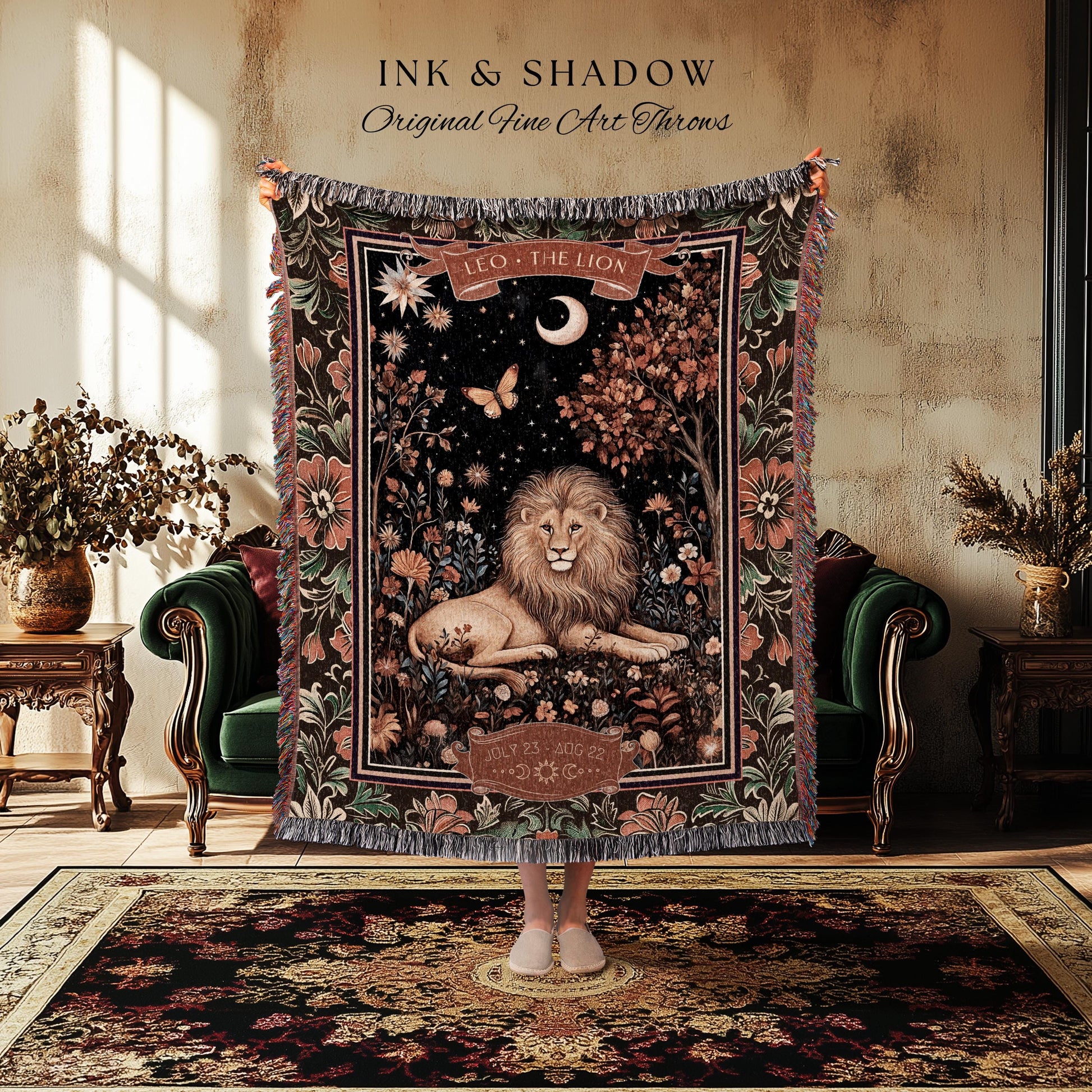 Dark Floral Celestial Leo Zodiac Sign Tapestry Throw Mystic Woodland Astrology Gift | Regal Vintage Victorian Lion Art Birth Month Blanket