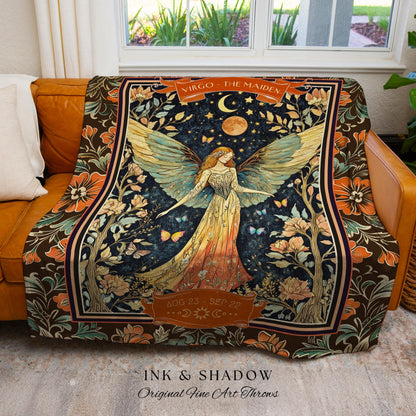 Victorian Nouveau Celestial Fairycore Virgo Zodiac Tapestry Throw | The Maiden Star Sign Dark Cottagecore Astrology Art Mystic Birthday Gift