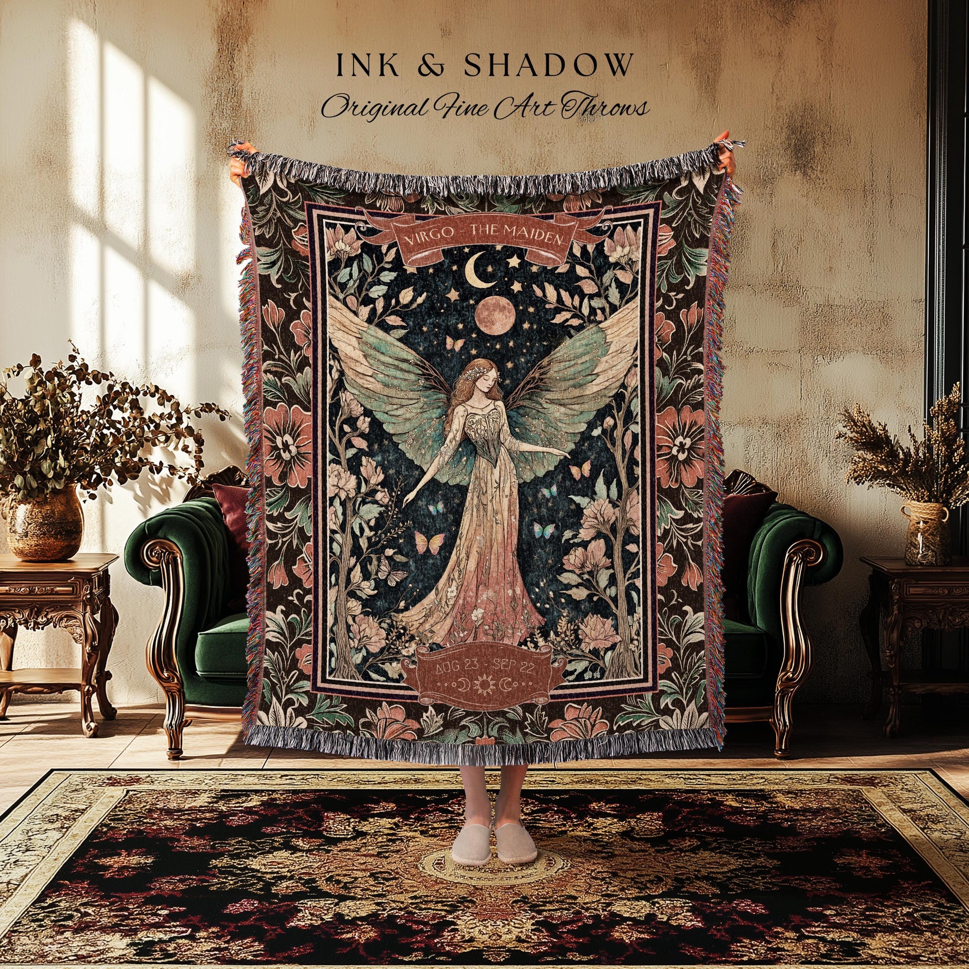 Victorian Nouveau Celestial Fairycore Virgo Zodiac Tapestry Throw | The Maiden Star Sign Dark Cottagecore Astrology Art Mystic Birthday Gift