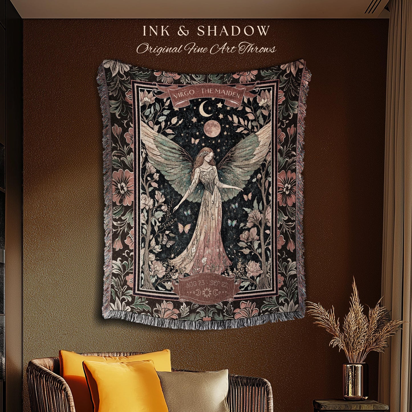 Victorian Nouveau Celestial Fairycore Virgo Zodiac Tapestry Throw | The Maiden Star Sign Dark Cottagecore Astrology Art Mystic Birthday Gift