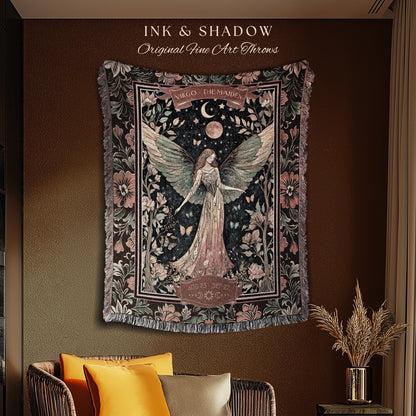 Victorian Nouveau Celestial Fairycore Virgo Zodiac Tapestry Throw | The Maiden Star Sign Dark Cottagecore Astrology Art Mystic Birthday Gift