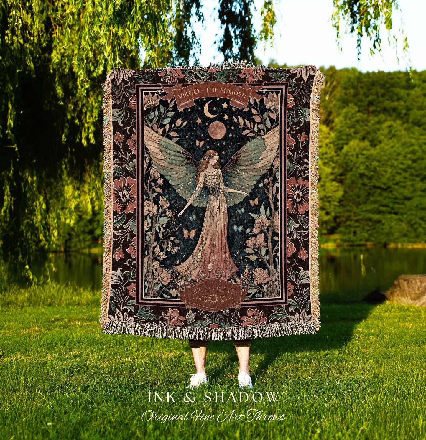 Victorian Nouveau Celestial Fairycore Virgo Zodiac Tapestry Throw | The Maiden Star Sign Dark Cottagecore Astrology Art Mystic Birthday Gift