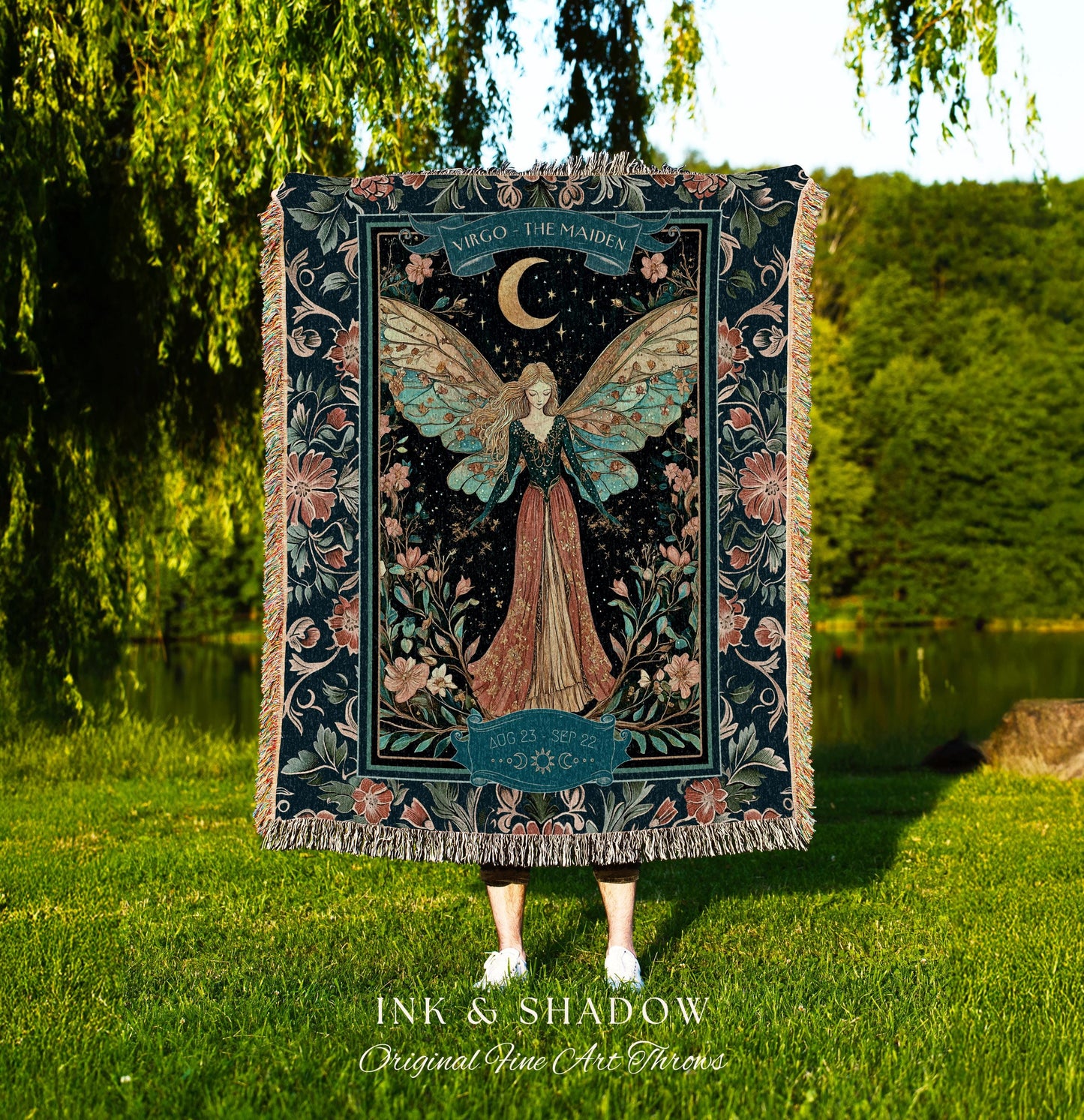Dreamy Celestial Garden Virgo Tapestry Throw Zodiac Sign Floral Fairycore Blanket | Whimsical Astrology Art The Maiden Fantasy Birthday Gift