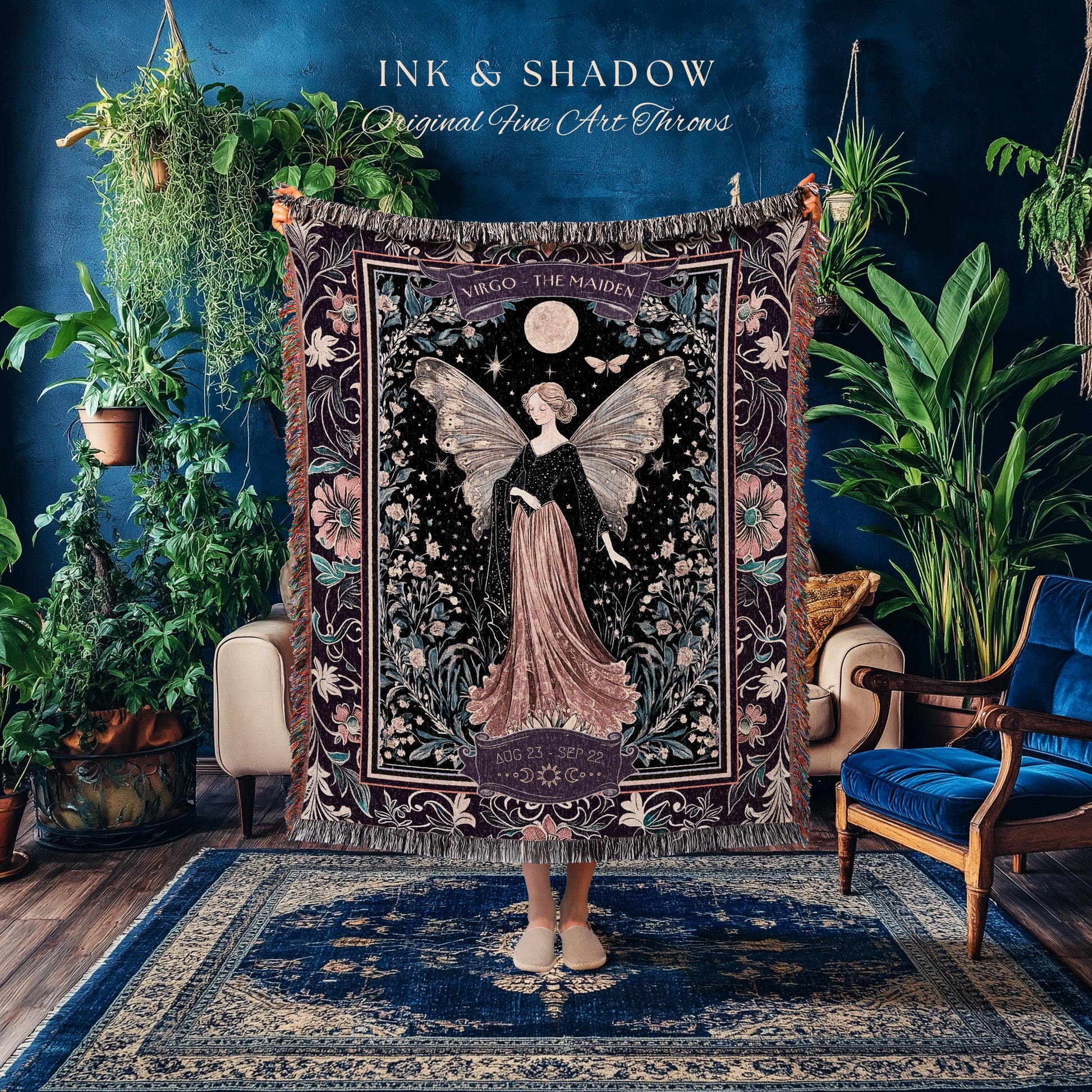 Vintage Fairycore Mystical Moonlit Virgo Star Sign Whimsical Astrology Tapestry Throw | The Maiden Witchy Whimsigothic Celestial Art Blanket