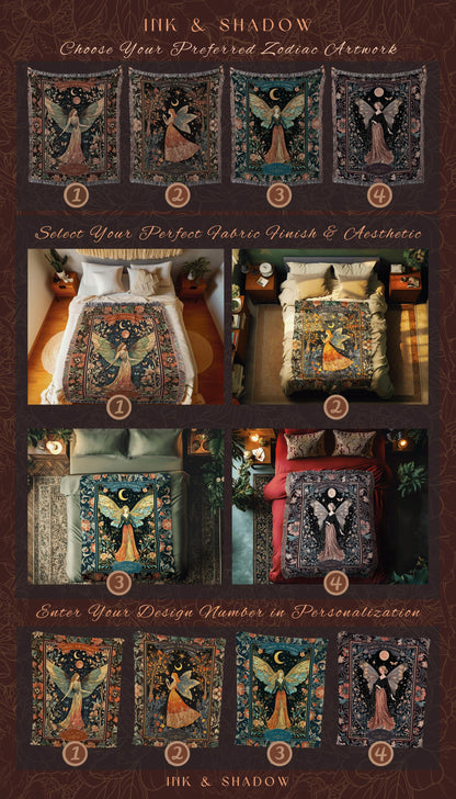 Vintage Fairycore Mystical Moonlit Virgo Star Sign Whimsical Astrology Tapestry Throw | The Maiden Witchy Whimsigothic Celestial Art Blanket