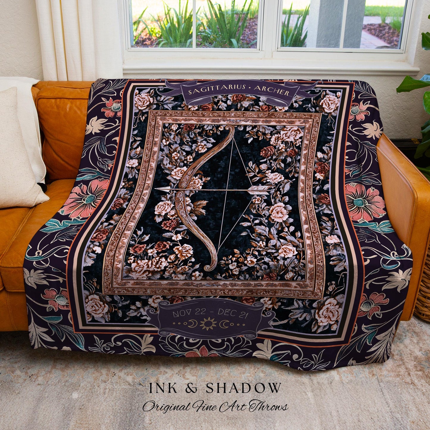 Floral Mystic Sagittarius Zodiac Dark Fairycore Tapestry Blanket Celestial Birthday Gift, The Archer Magic Witchy Whimsy Astrology Art Throw