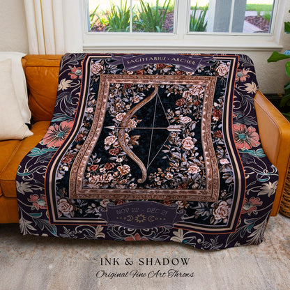 Floral Mystic Sagittarius Zodiac Dark Fairycore Tapestry Blanket Celestial Birthday Gift, The Archer Magic Witchy Whimsy Astrology Art Throw