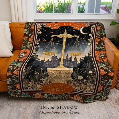 Celestial Libra Zodiac Blanket Mystic Constellation Art Gothic Tapestry, The Scales Astrology Decor Victorian Dark Academia Birth Month Gift
