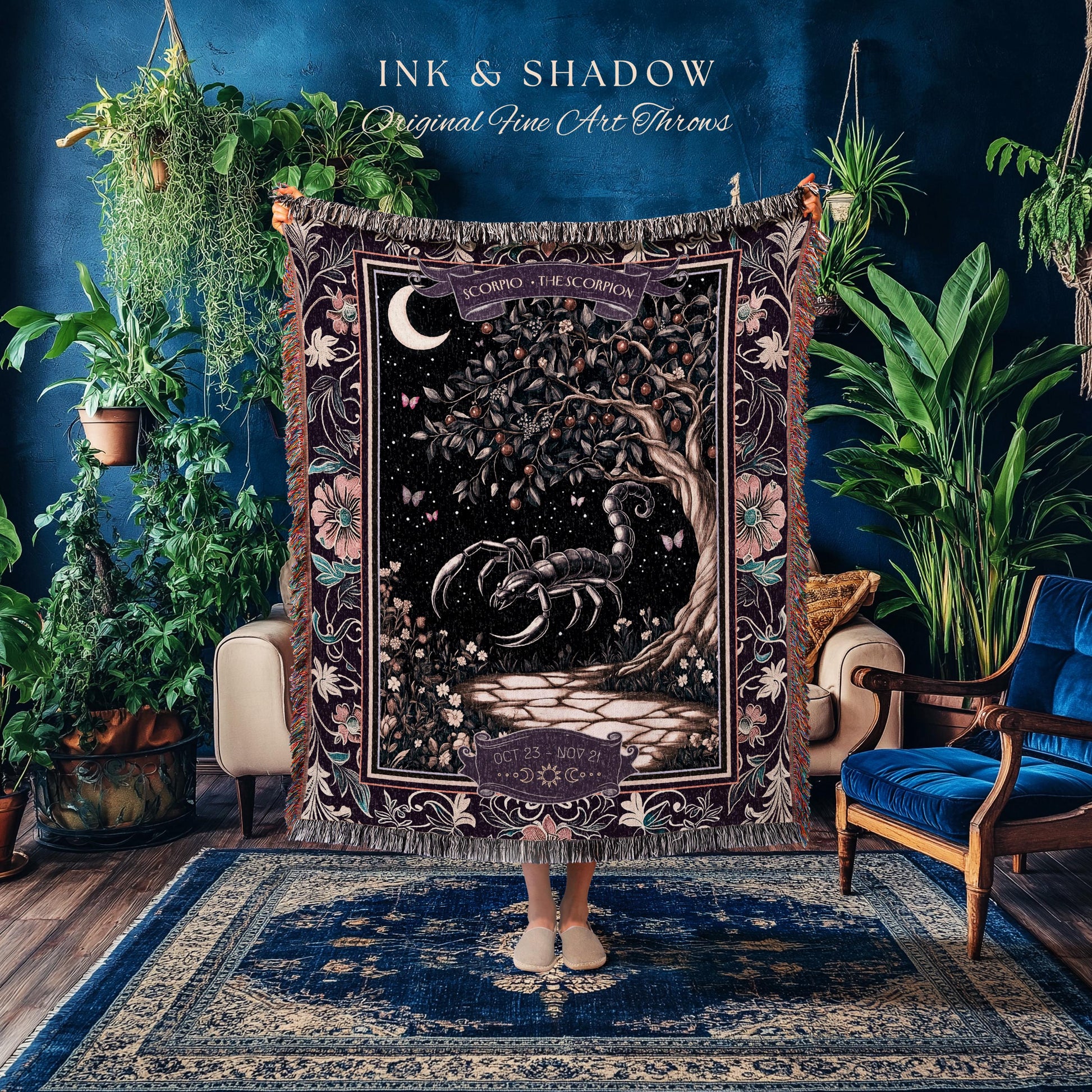 Whimsigothic Scorpio Zodiac Throw Moonlit Enchanted Forest Astrology Tapestry | The Scorpion Dark Fairytale Witchy Woodland Birth Month Art