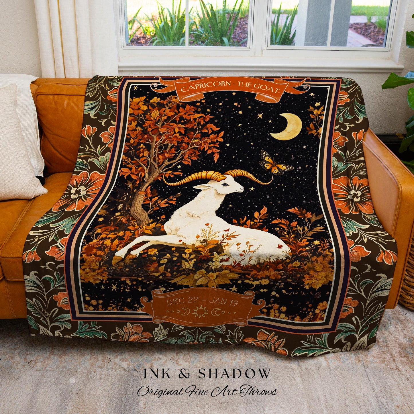 Gothic Romantic Capricorn Zodiac Sign Blanket Celestial Forestcore Throw | The Goat Astrology Victorian Constellation Tapestry Birthday Gift