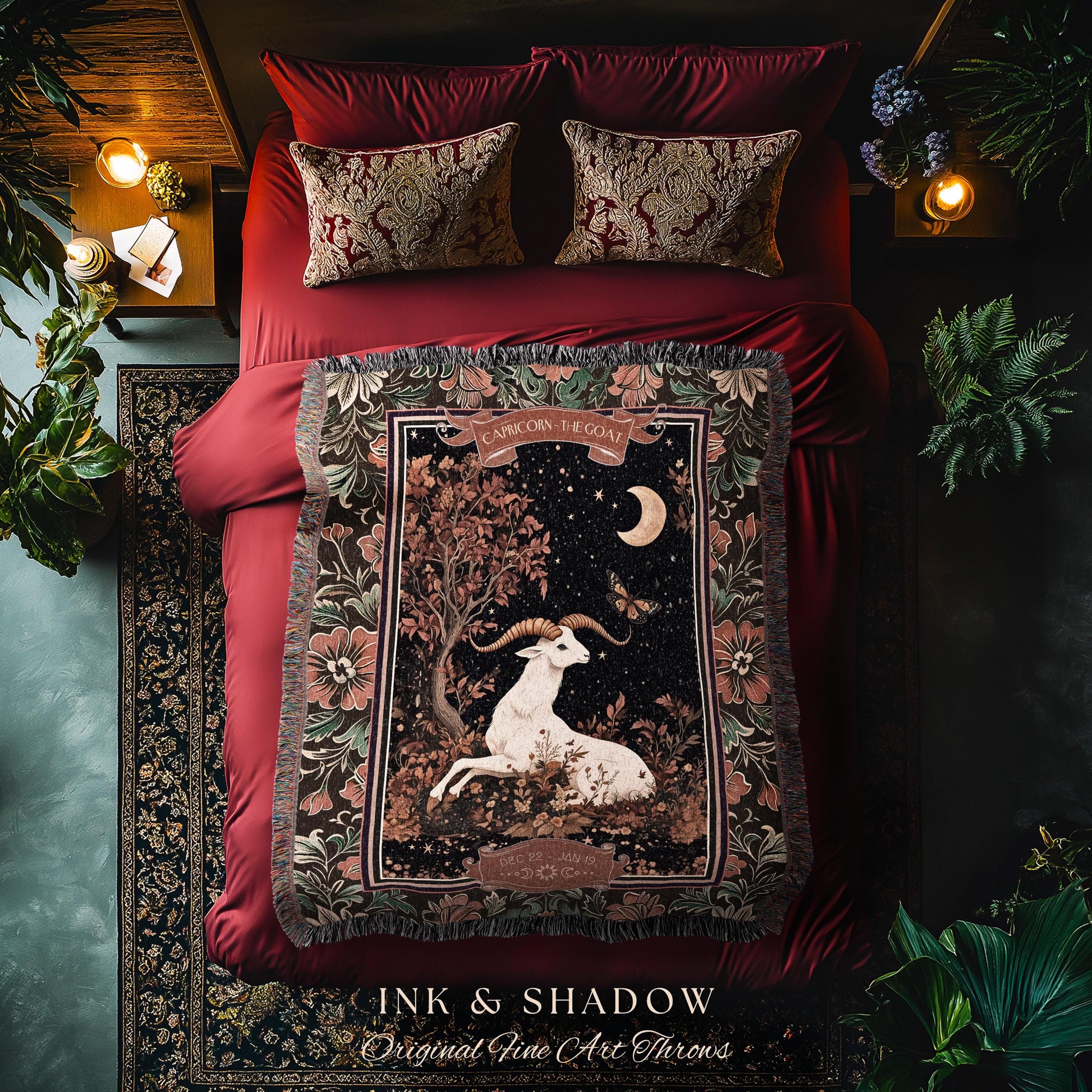 Gothic Romantic Capricorn Zodiac Sign Blanket Celestial Forestcore Throw | The Goat Astrology Victorian Constellation Tapestry Birthday Gift