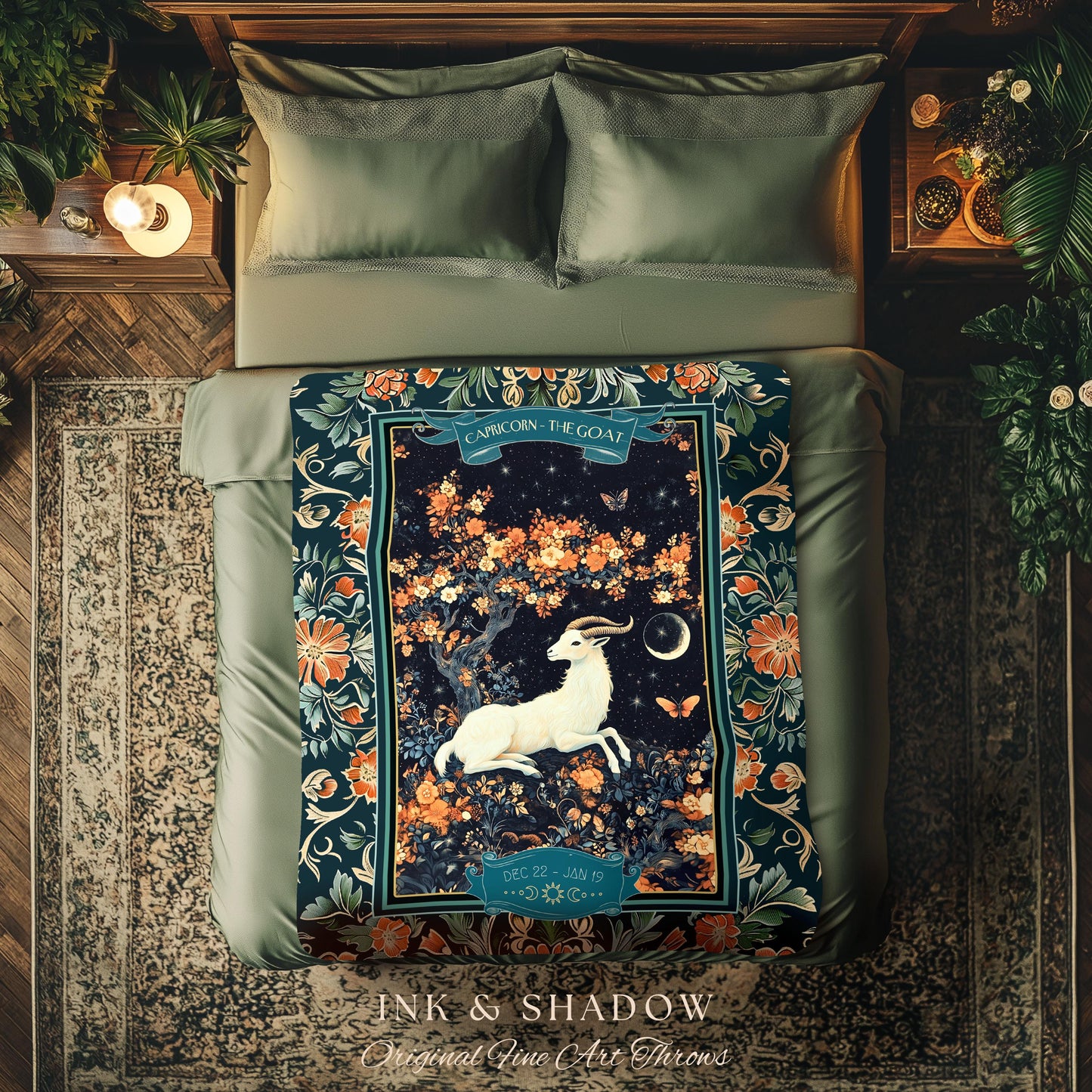 Enchanted Forest Capricorn Zodiac Blanket Celestial Midnight Woodland Throw, The Goat Astrology Tapestry Mystic Constellation Birthday Gift