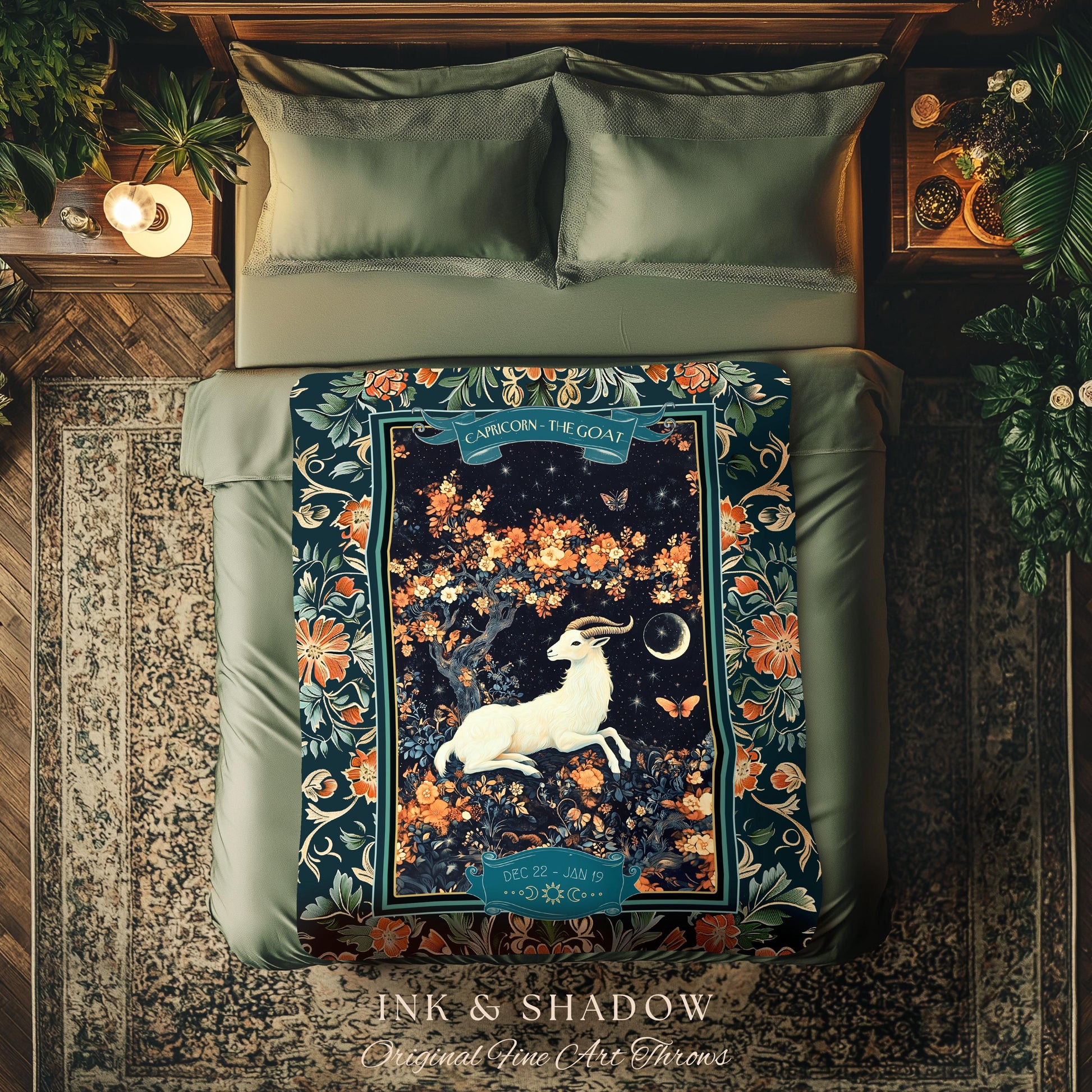 Enchanted Forest Capricorn Zodiac Blanket Celestial Midnight Woodland Throw, The Goat Astrology Tapestry Mystic Constellation Birthday Gift