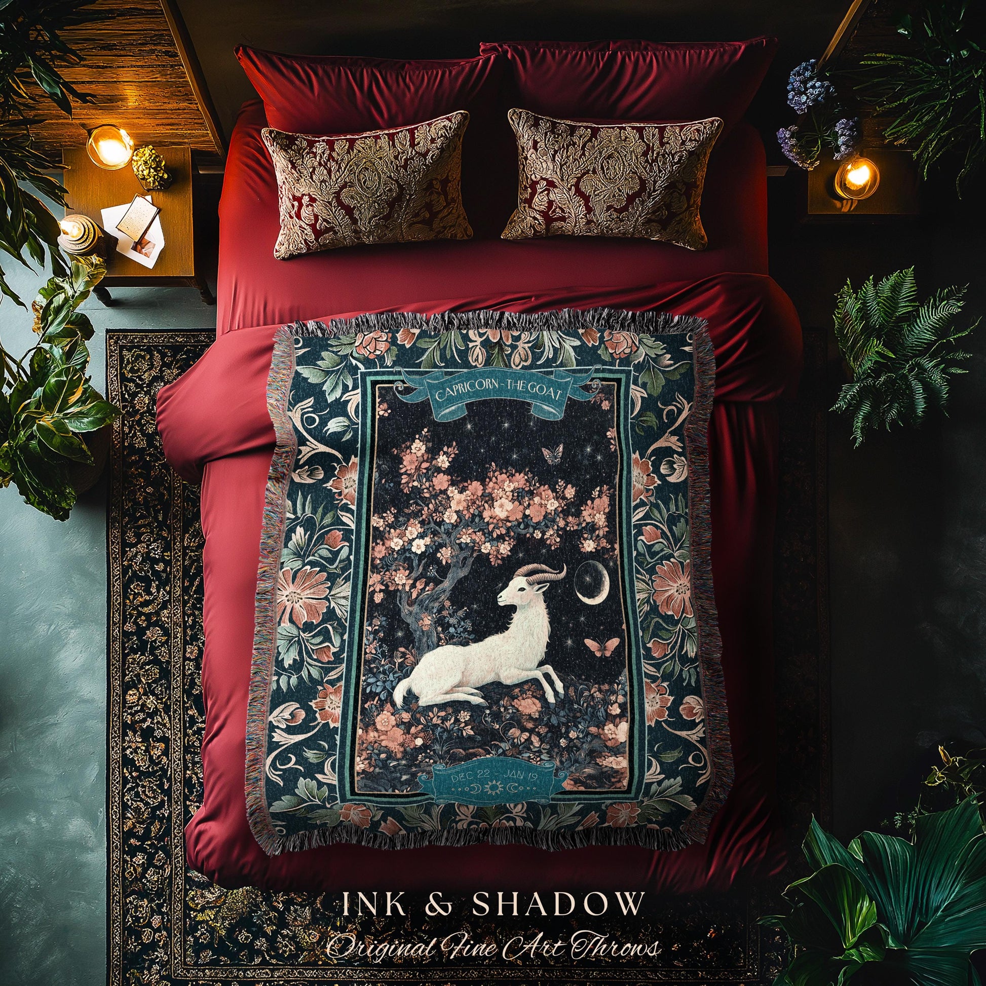 Enchanted Forest Capricorn Zodiac Blanket Celestial Midnight Woodland Throw, The Goat Astrology Tapestry Mystic Constellation Birthday Gift
