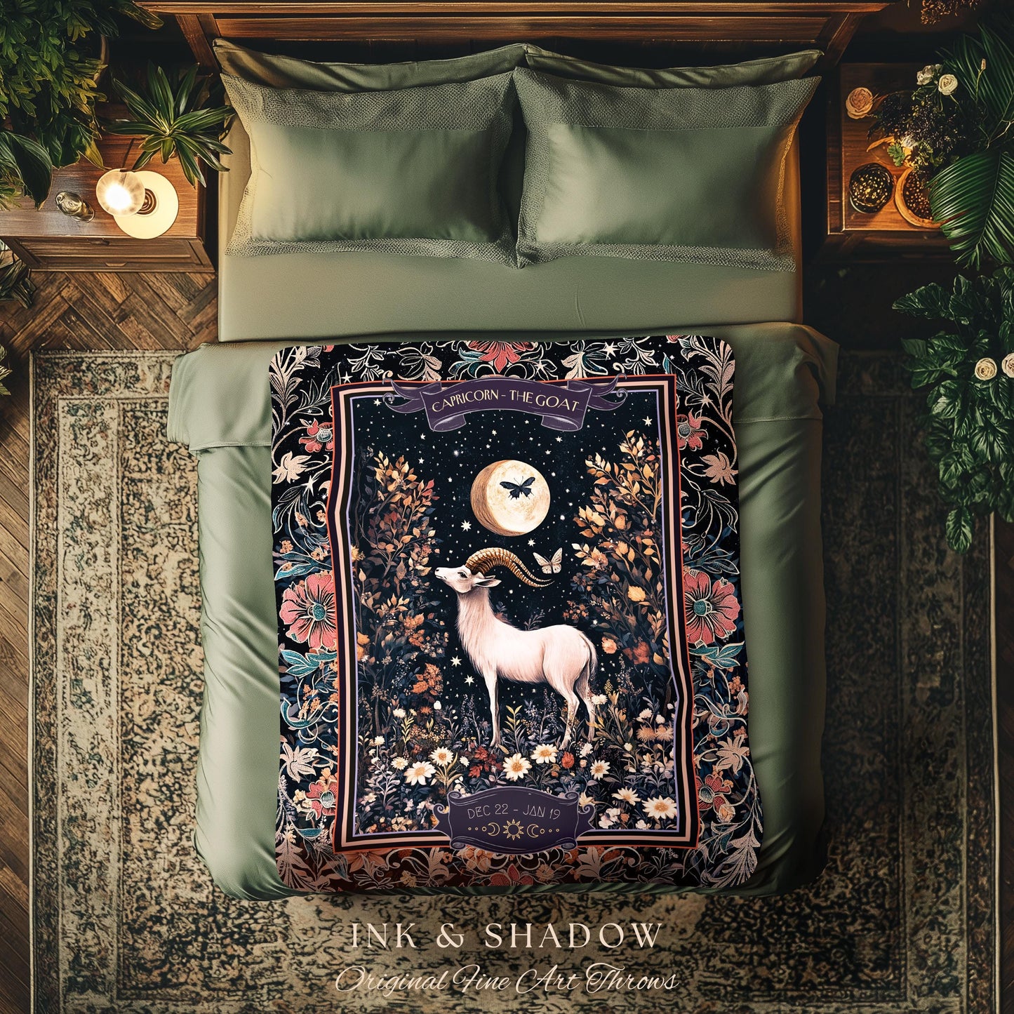 Magic Moonlit Night Sky Celestial Capricorn Star Sign Blanket Forest Fairycore Throw, The Goat Zodiac Birthday Tapestry Whimsical Witchy Art