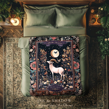 Magic Moonlit Night Sky Celestial Capricorn Star Sign Blanket Forest Fairycore Throw, The Goat Zodiac Birthday Tapestry Whimsical Witchy Art