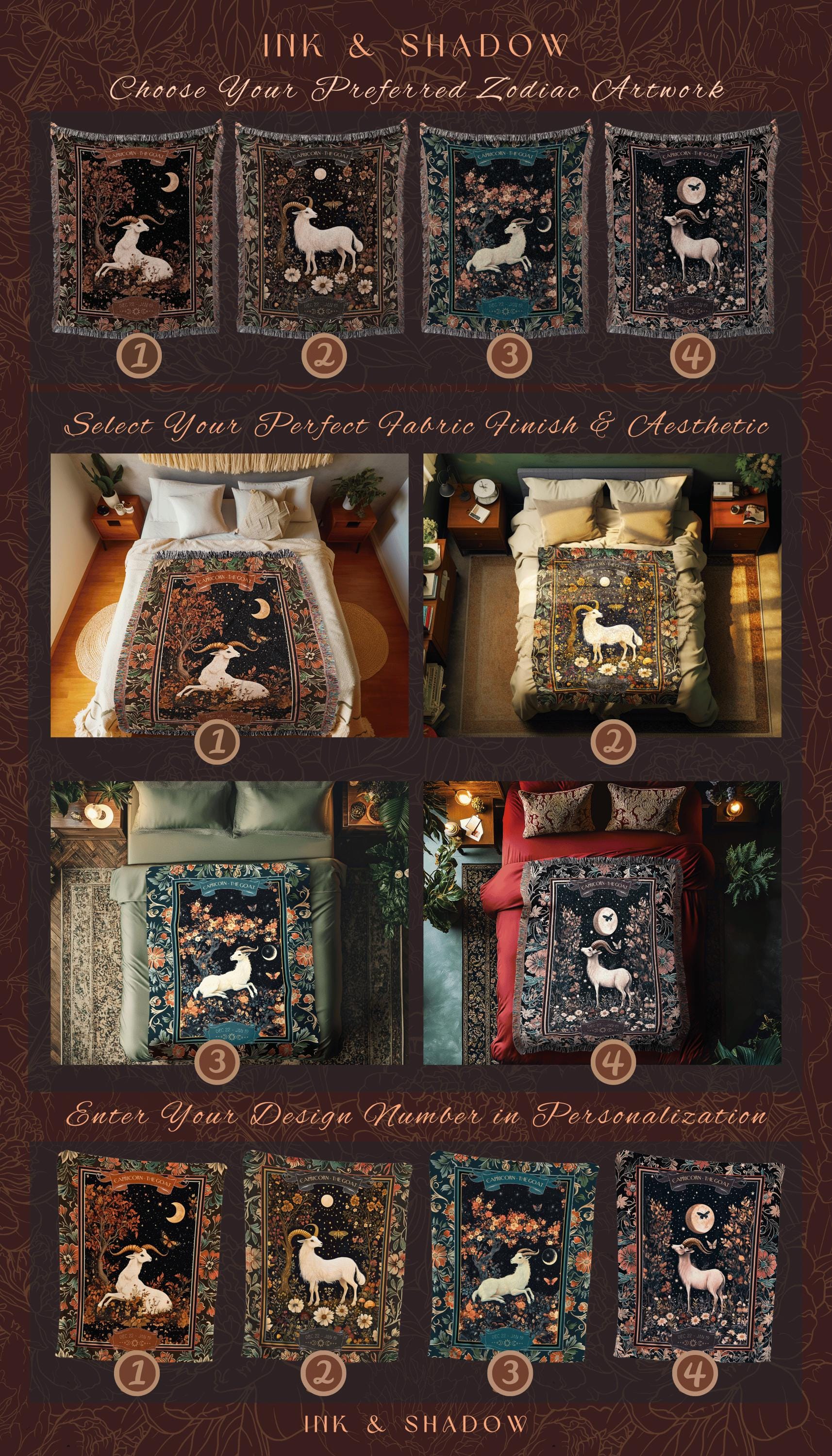 Magic Moonlit Night Sky Celestial Capricorn Star Sign Blanket Forest Fairycore Throw, The Goat Zodiac Birthday Tapestry Whimsical Witchy Art