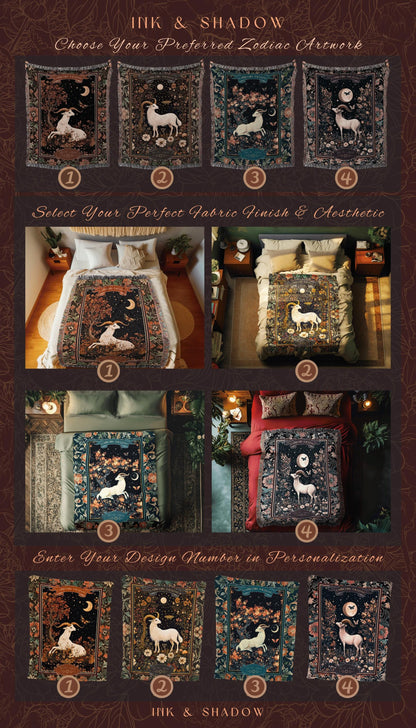 Magic Moonlit Night Sky Celestial Capricorn Star Sign Blanket Forest Fairycore Throw, The Goat Zodiac Birthday Tapestry Whimsical Witchy Art