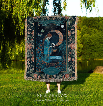 Dreamy Celestial Garden Aquarius Tapestry Throw Zodiac Sign Floral Fairycore Blanket | Whimsical Moonlit Astrology Art The Water Bearer Gift